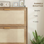 Shoe Rack for 18 Pairs of Shoes with 3 Folding Drawers in Wood and Rattan, 80x25x120 cm, Brown