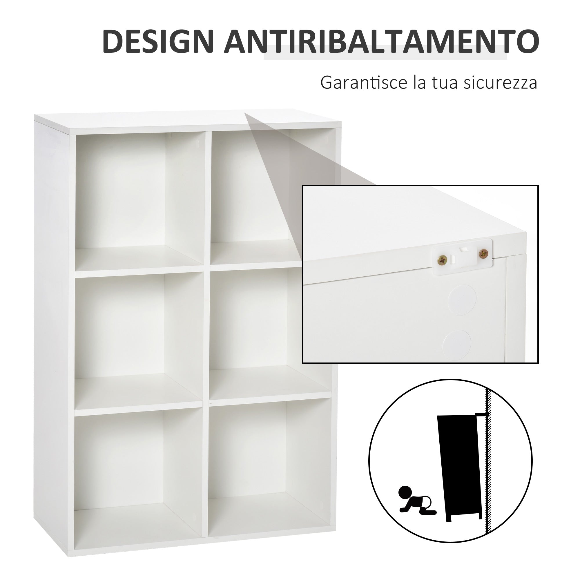 Modern 6-Cube Wooden Bookcase, 65.5x30x97.5 cm, White