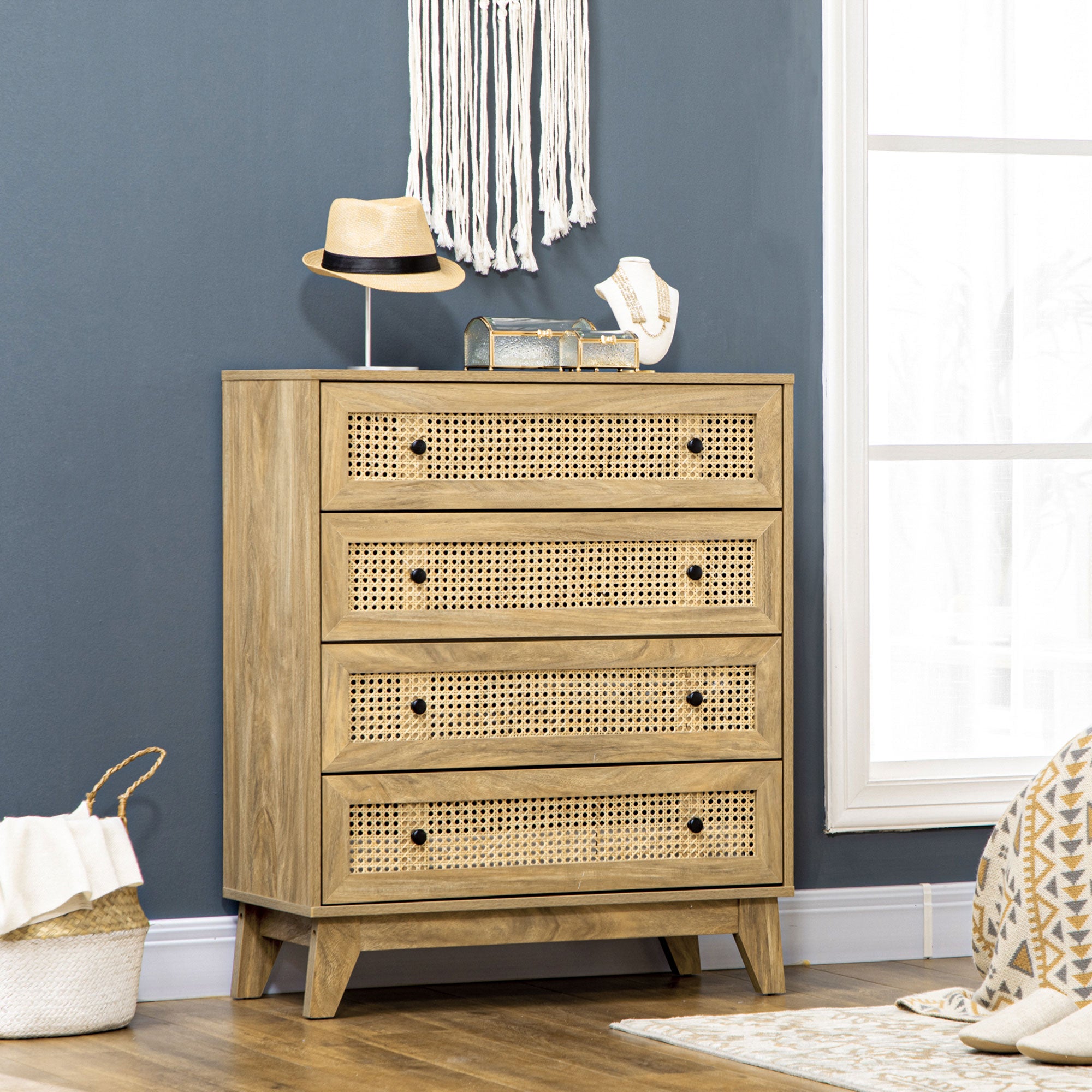 Chest of Drawers with 4 Drawers and Rattan Inserts, Boho Style, 80x35x95 cm, Natural Wood