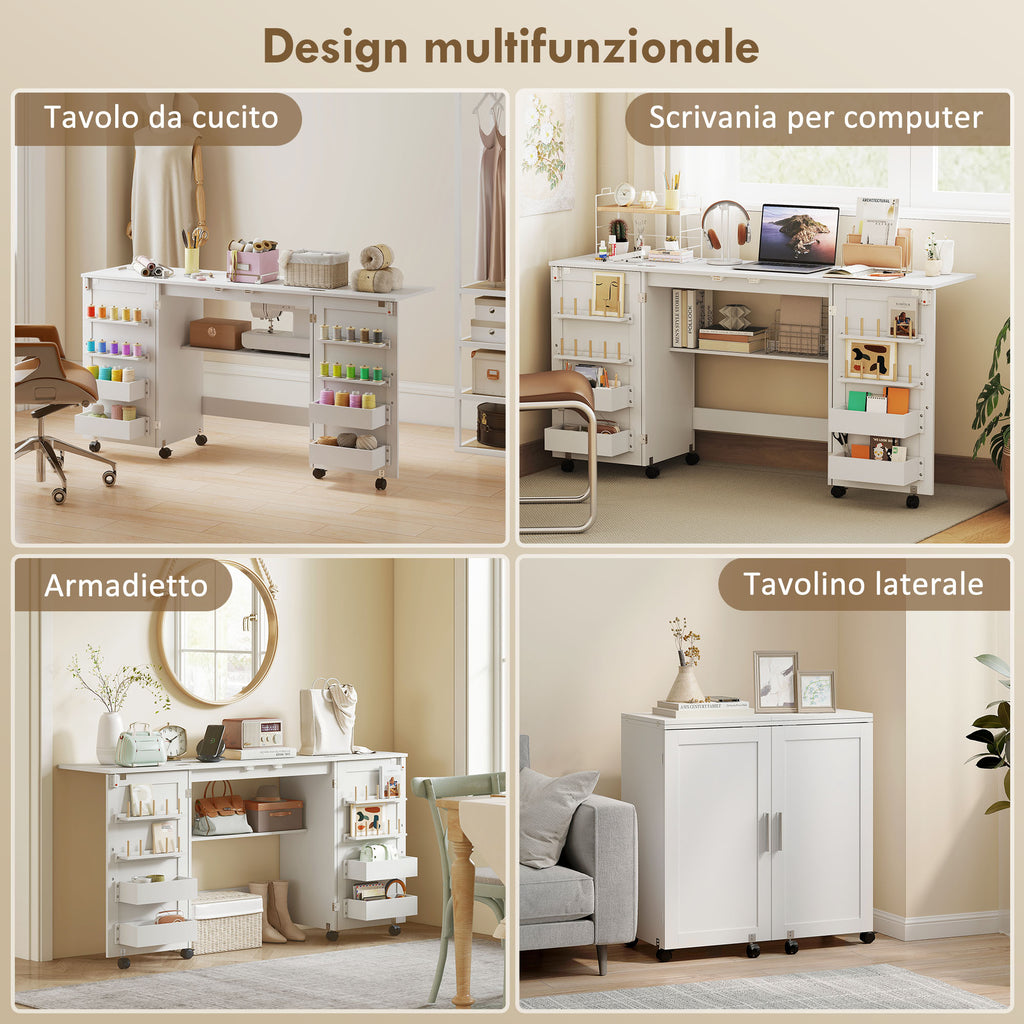 Folding Sewing Machine Table with Shelves, 20 Pegs, Lockable Wheels, White