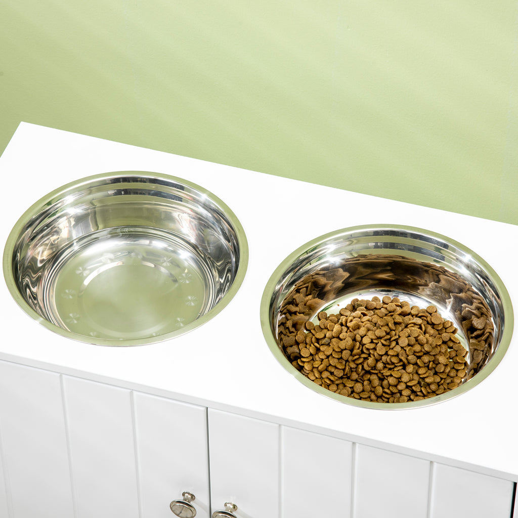 Raised Dog Bowls with 44L Cabinet and 2 Steel Bowls, 60x30x35.5cm, White - Borgè