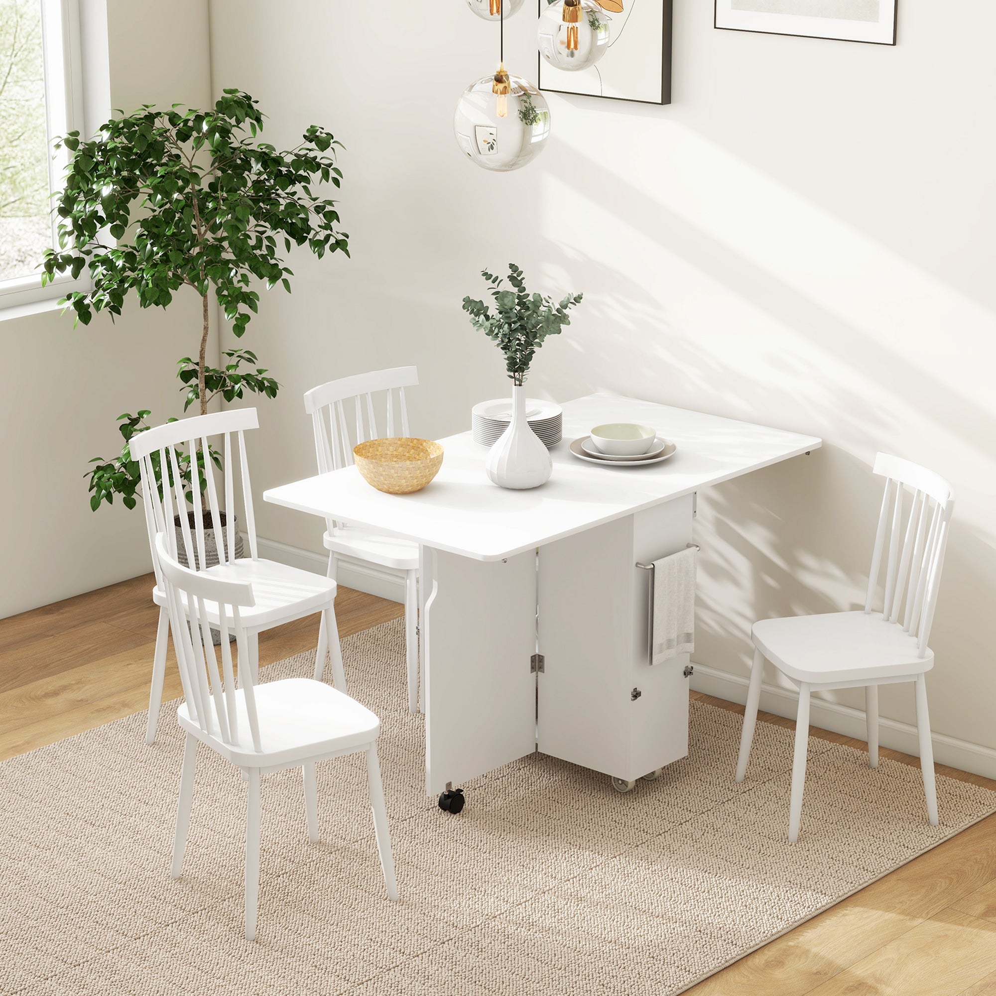 HOMCOM Folding Leaf Table with 3-Level Shelves, Box and Wheels, in MDF, 130x80x76.5 cm, White - Borgè