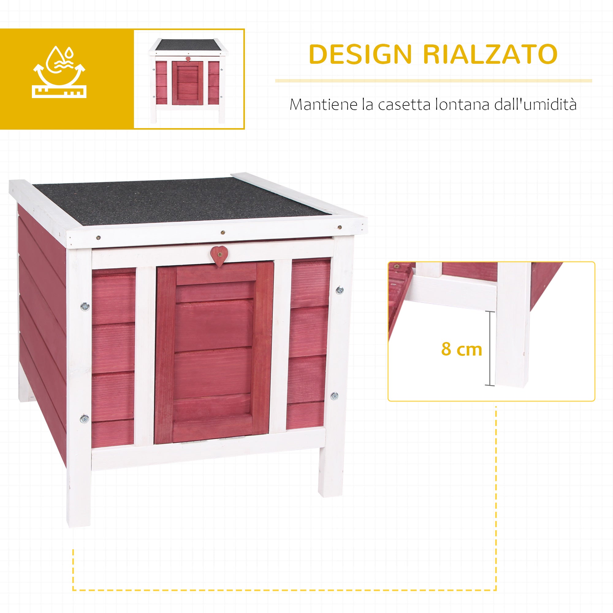 PawHut Wooden Rabbit Hutch with Opening Asphalt Roof, Non-Slip Ramp, 51x42x43 cm, Red