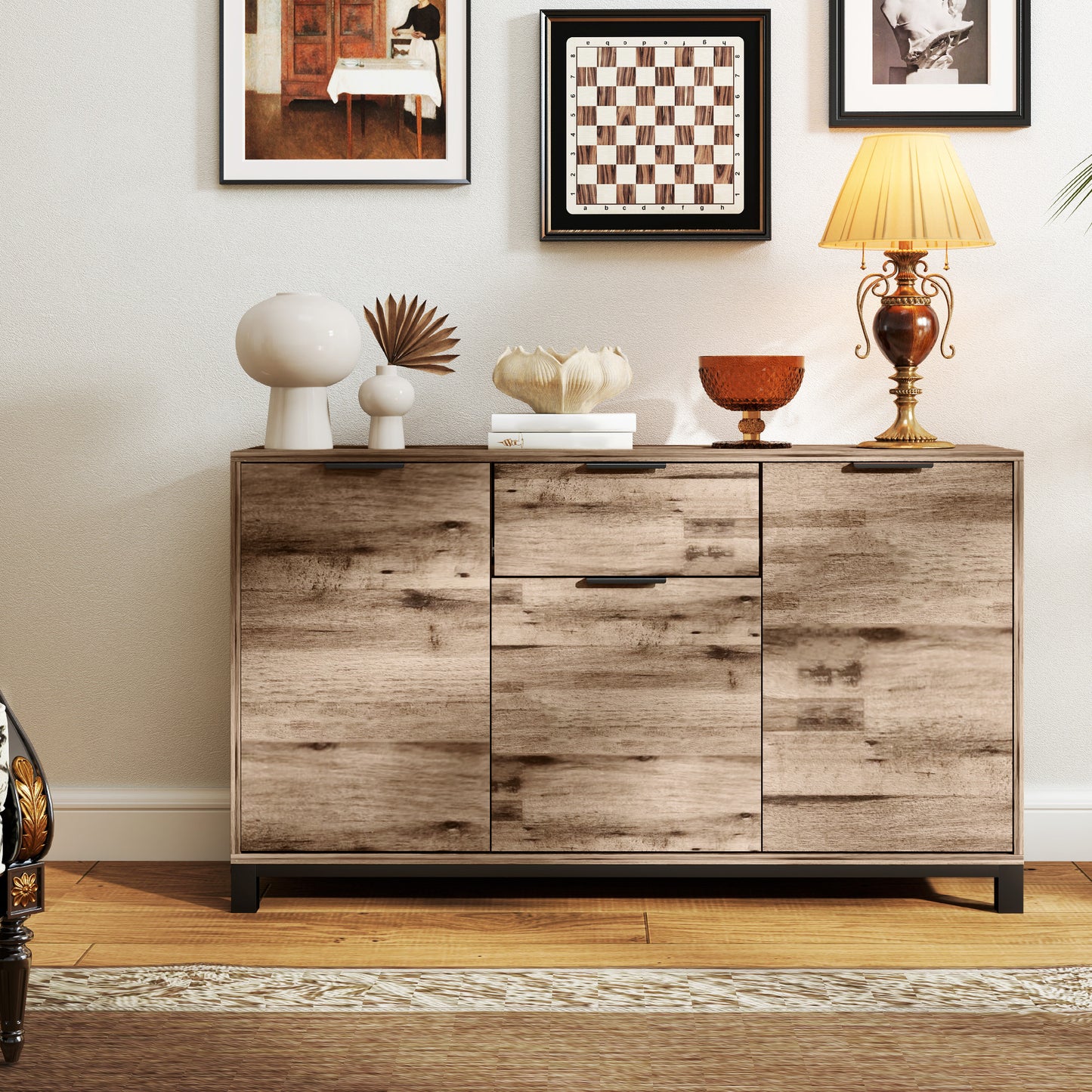 Industrial Style Sideboard with Drawer and 3 Cabinets, Brown Wood, 120x36.5x70 cm