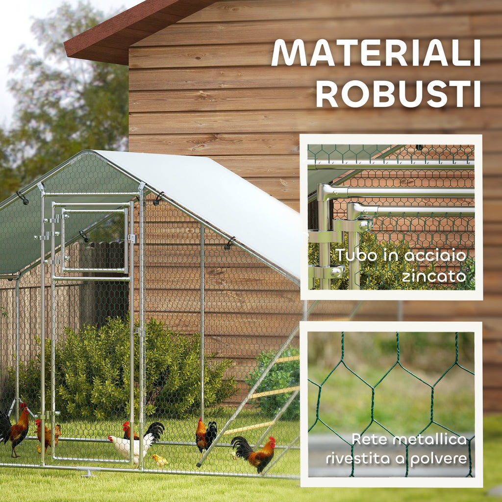 6m² Chicken Coop for 6-8 Animals with Waterproof Roof, Feeder and Perch, 3x2x1.9m, Silver