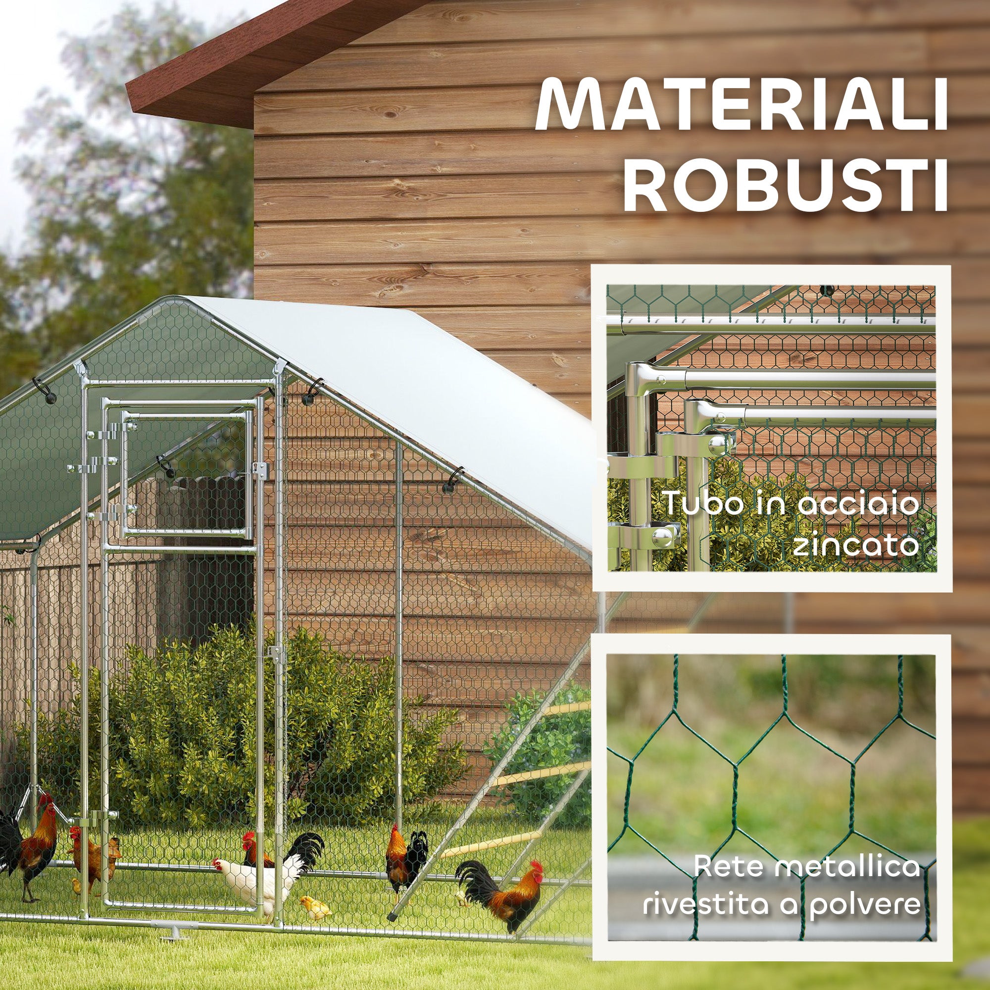 6m² Chicken Coop for 6-8 Animals with Waterproof Roof, Feeder and Perch, 3x2x1.9m, Silver