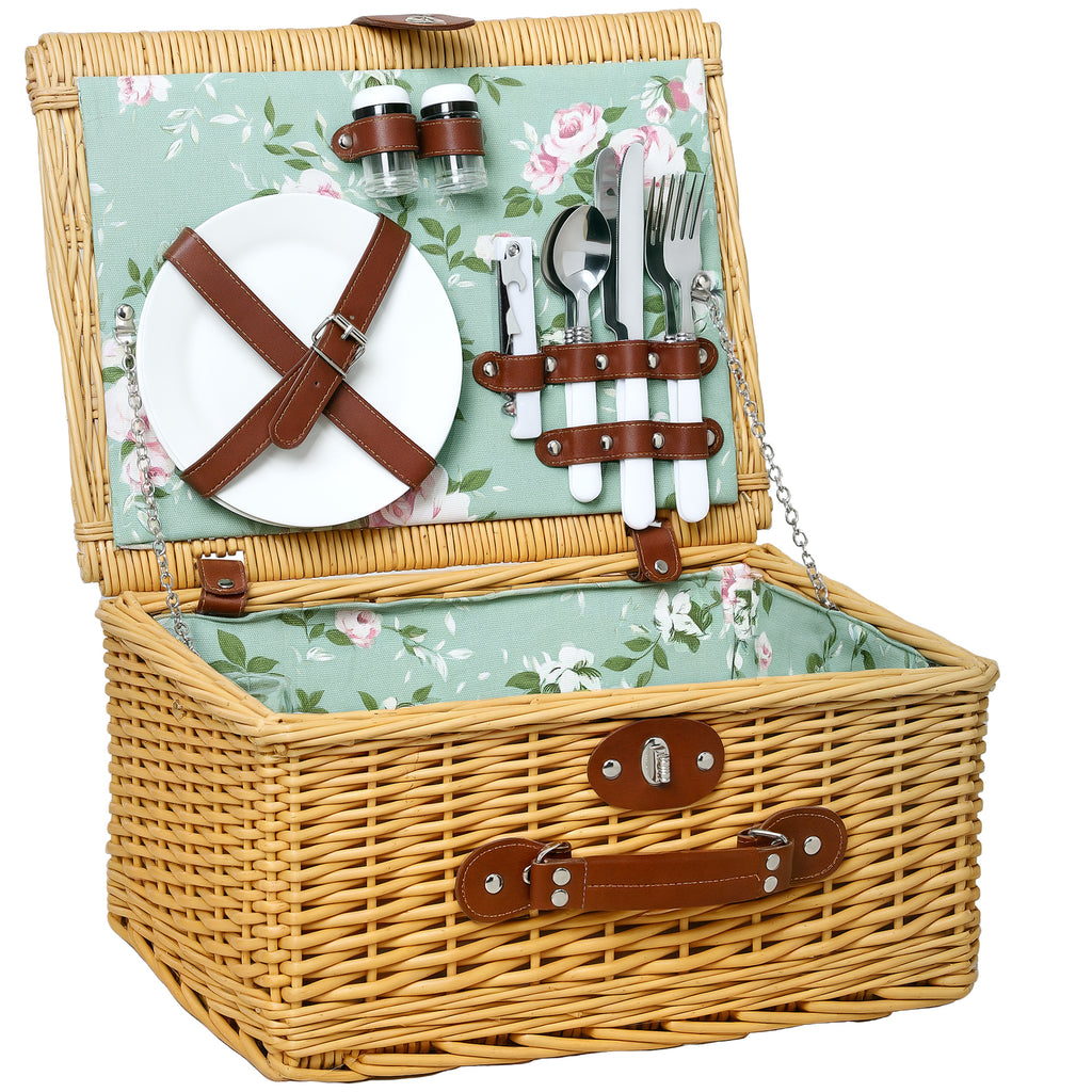 Wicker Picnic Basket for 2 People with Plates, Goblets, Corkscrew and Cutlery, 40x30x20 cm, Brown