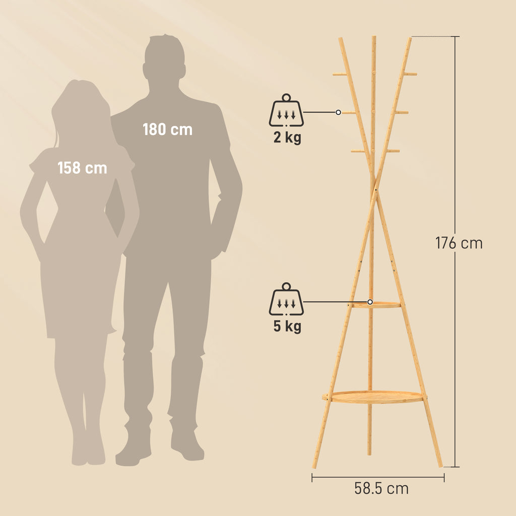 HOMCOM Clothes Tree with 9 Hooks and 2 Shelves, Natural
