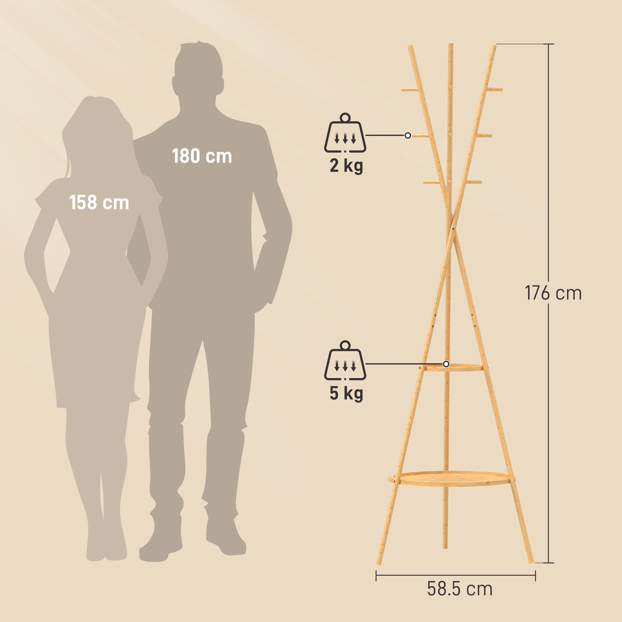 HOMCOM Clothes Tree with 9 Hooks and 2 Shelves, Natural