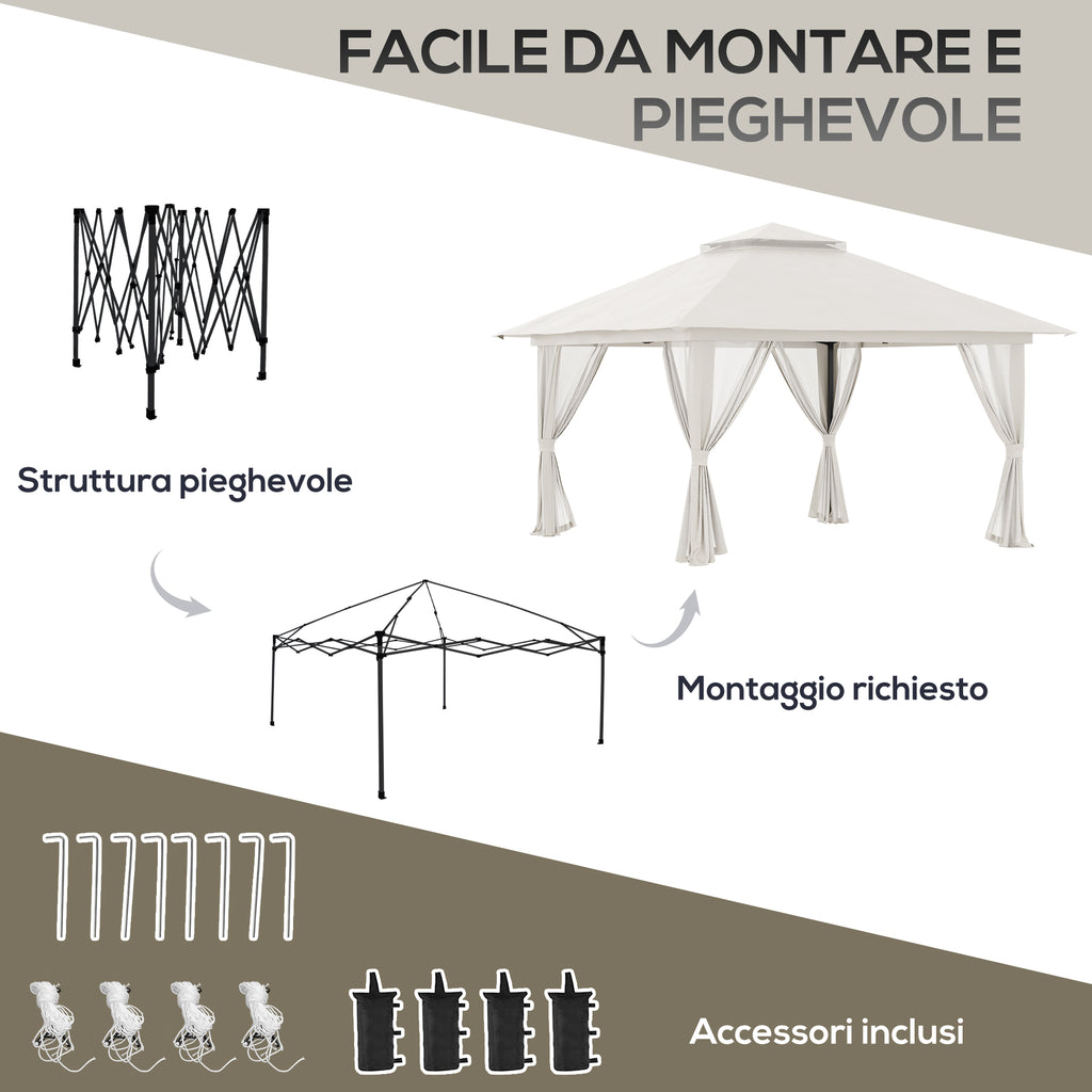 Outsunny 4x4m Adjustable Height Folding Gazebo with Mosquito Net and Bag, Metal and Oxford Fabric, Cream
