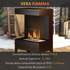 Freestanding Bioethanol Fireplace with 0.9L Burner and 3.3 Hours Burn Time, 38x22x54 cm, Black