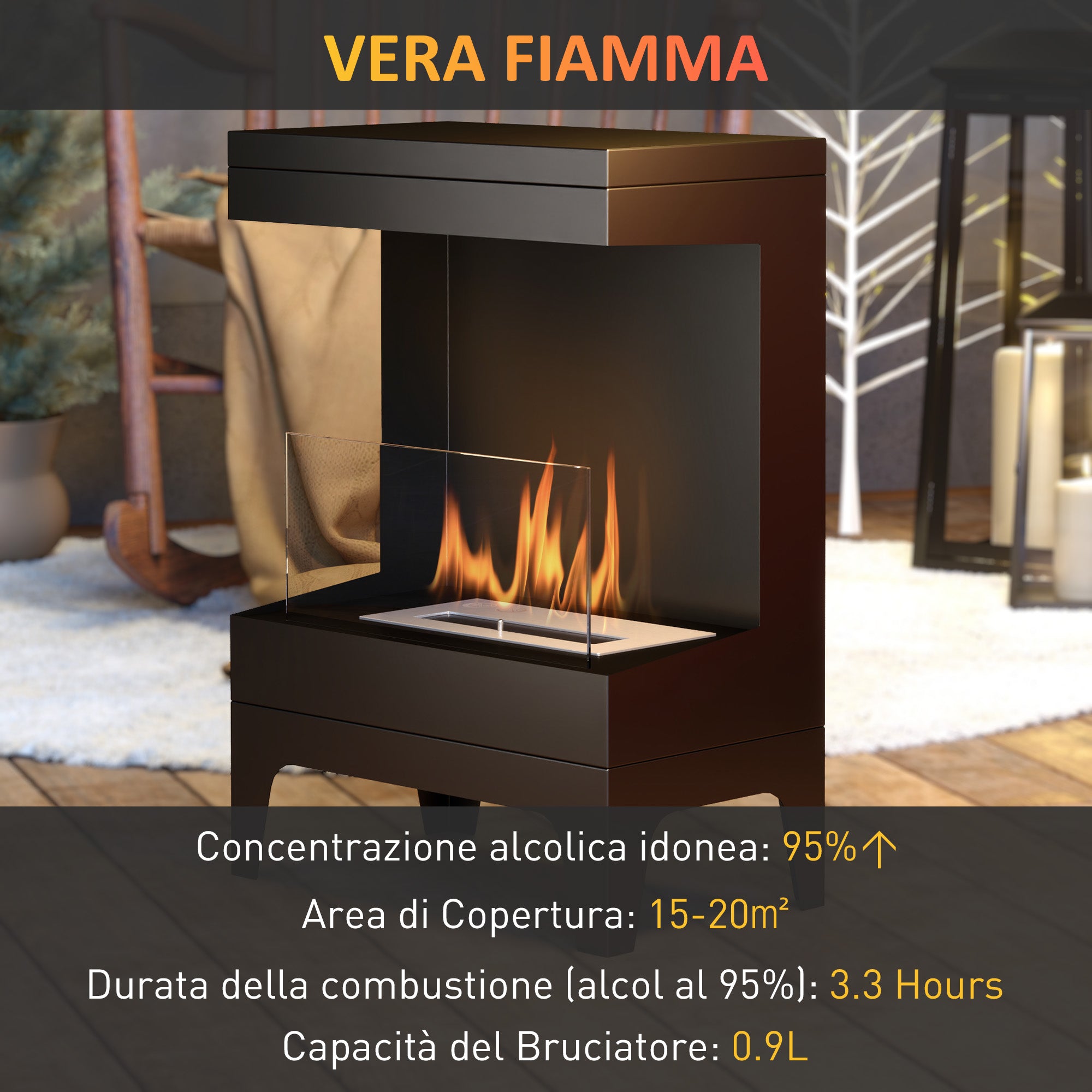 Freestanding Bioethanol Fireplace with 0.9L Burner and 3.3 Hours Burn Time, 38x22x54 cm, Black