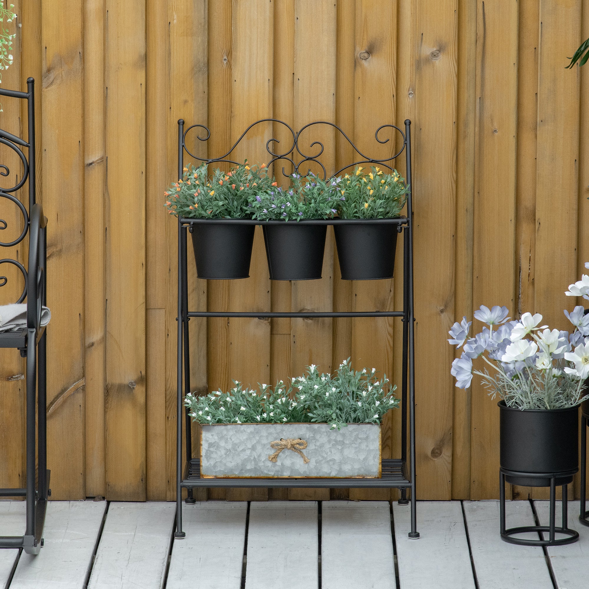 Folding Metal Plant Stand with 3 Pots and Bottom Shelf for Home and Garden, 47x37x78.5cm, Black