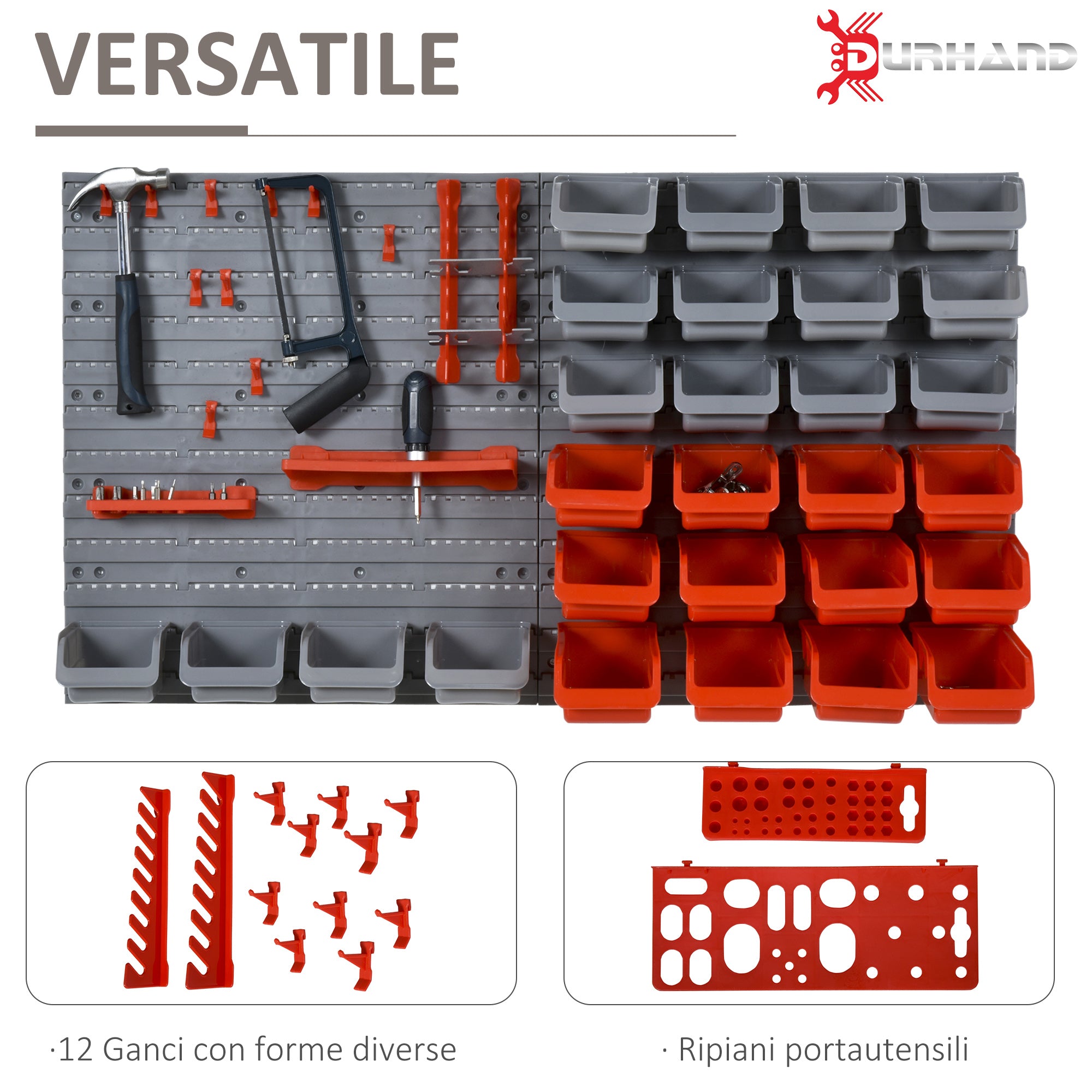 44PCS Adjustable and Removable Tool Boxes, Wall Mounted, PP, Red Grey, 54x22x95cm