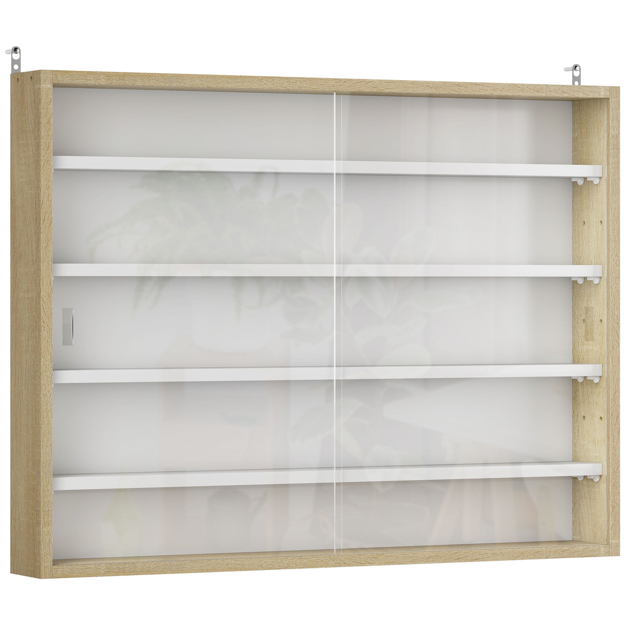 4-Tier Adjustable Wooden Notice Board with Glass Doors, 80x9.5x60 cm, White and Wood Color