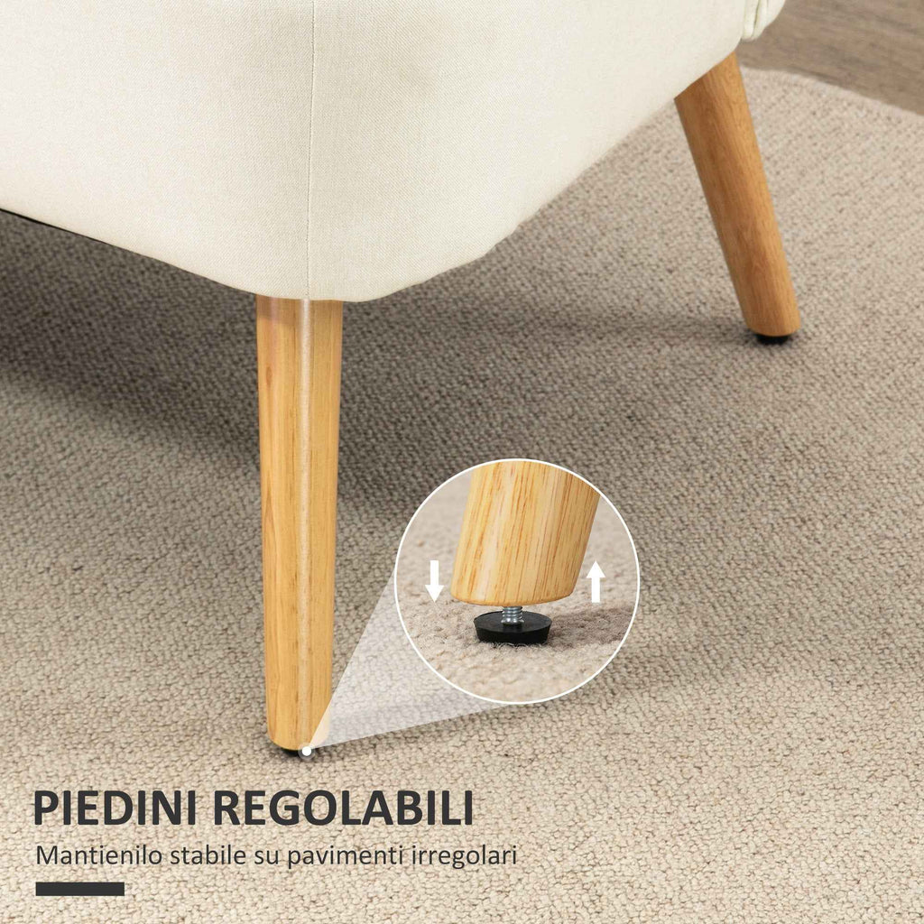 2-Seater Sofa in Linen-Effect Fabric without Armrests with Wooden Legs, 117x56.5x77 cm, Cream White