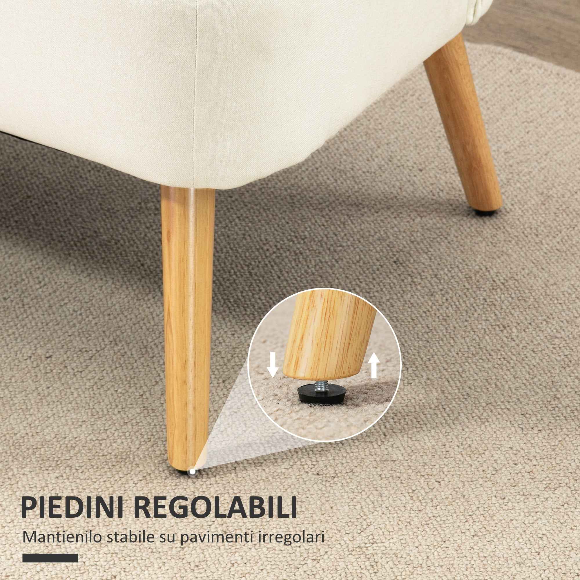 2-Seater Sofa in Linen-Effect Fabric without Armrests with Wooden Legs, 117x56.5x77 cm, Cream White