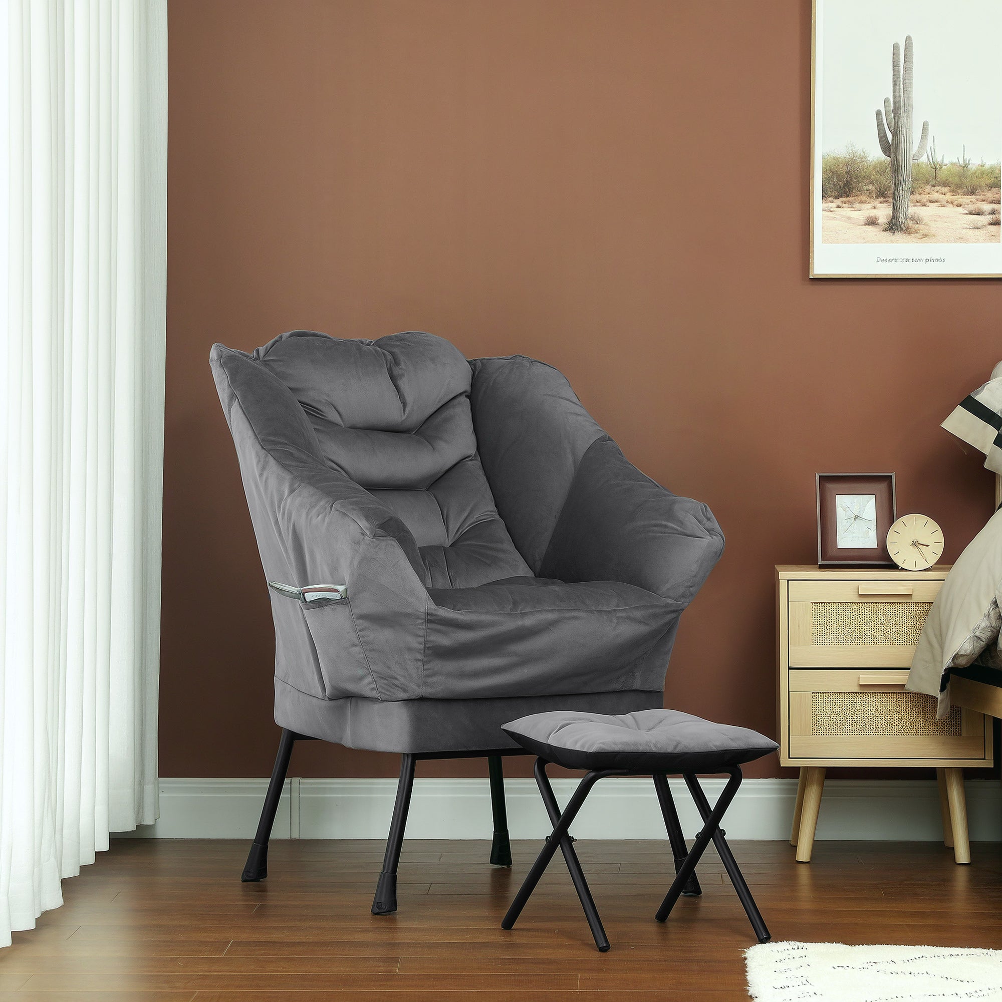 Modern Armchair with Footrest and 2 Side Pockets, in Velvet Effect Fabric and Steel, 80x78x100 cm, Gray