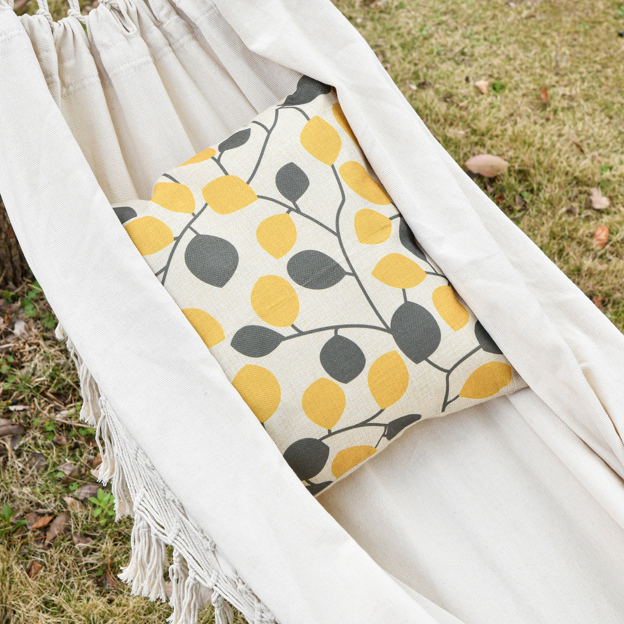 Boho Style Fringe Hanging Canvas Garden Hammock, 288x150cm, 120kg Capacity, Cream