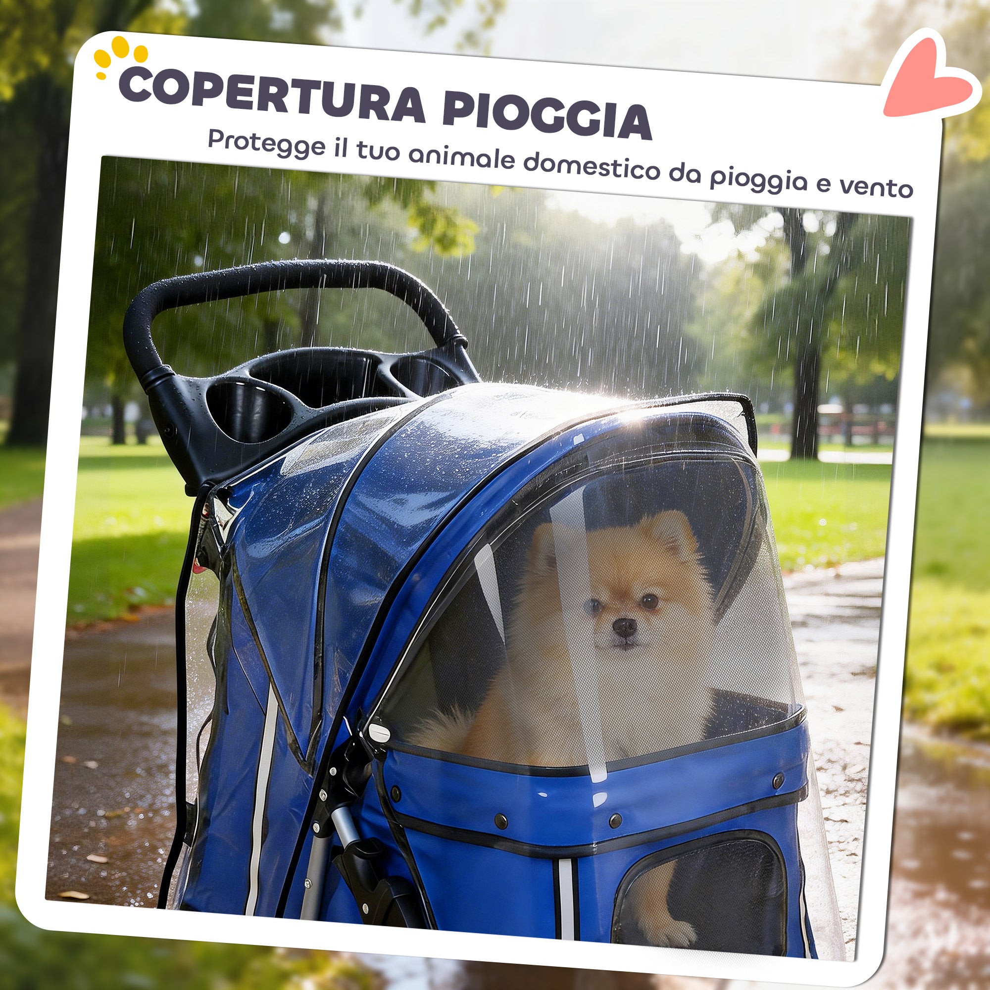 PawHut Folding Dog Stroller with Rain Cover, Swivel Wheels, and Washable Cushion, Blue
