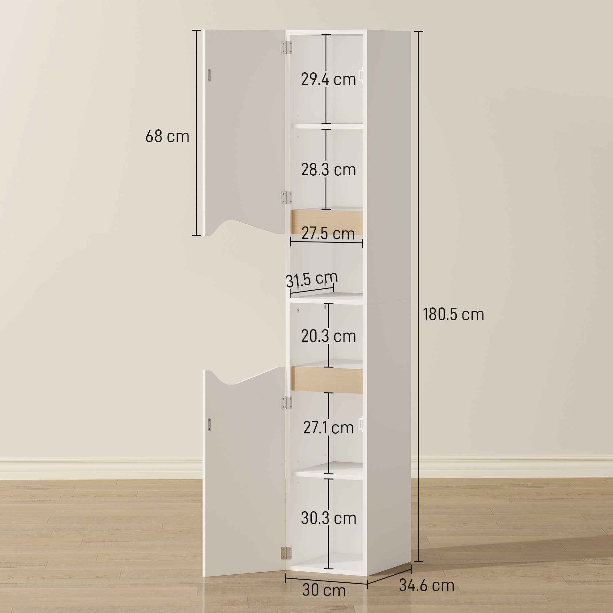 HOMCOM Wooden Bathroom Cabinet with 2 Open Shelves and 2 Cabinets, 30x34.6x180.5 cm, White and Wood Color