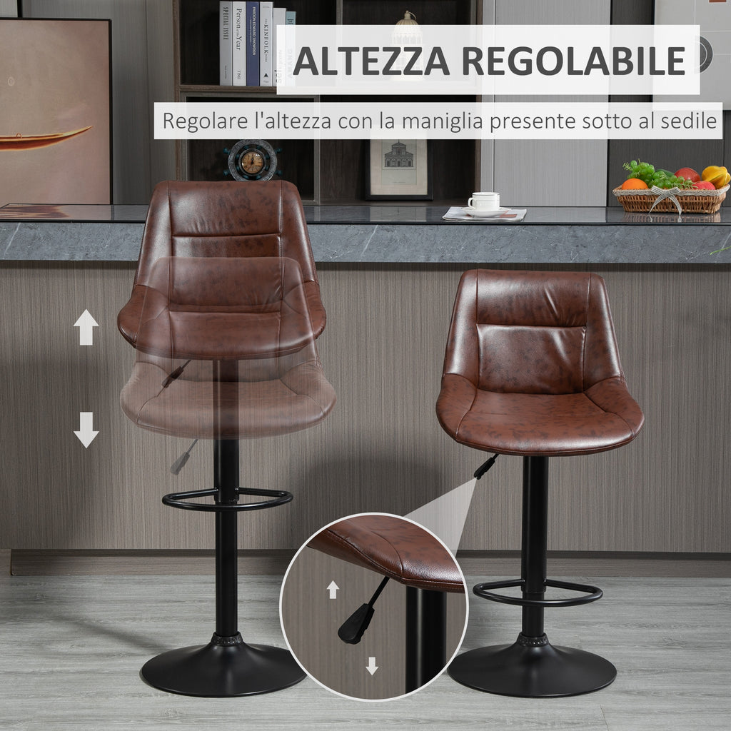 Set of 2 Vintage Brown Faux Leather Bar Stools with Footrest and Round Base, 46.5x50x88-108 cm