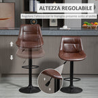 Set of 2 Vintage Brown Faux Leather Bar Stools with Footrest and Round Base, 46.5x50x88-108 cm