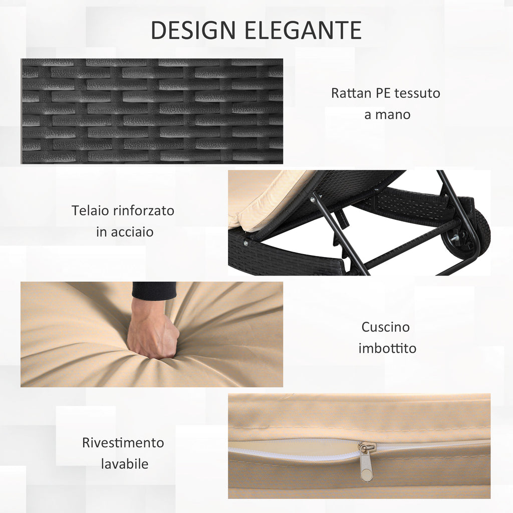 PE Rattan Garden Lounger with Adjustable Backrest and Cushion, 207x70x70cm, Black