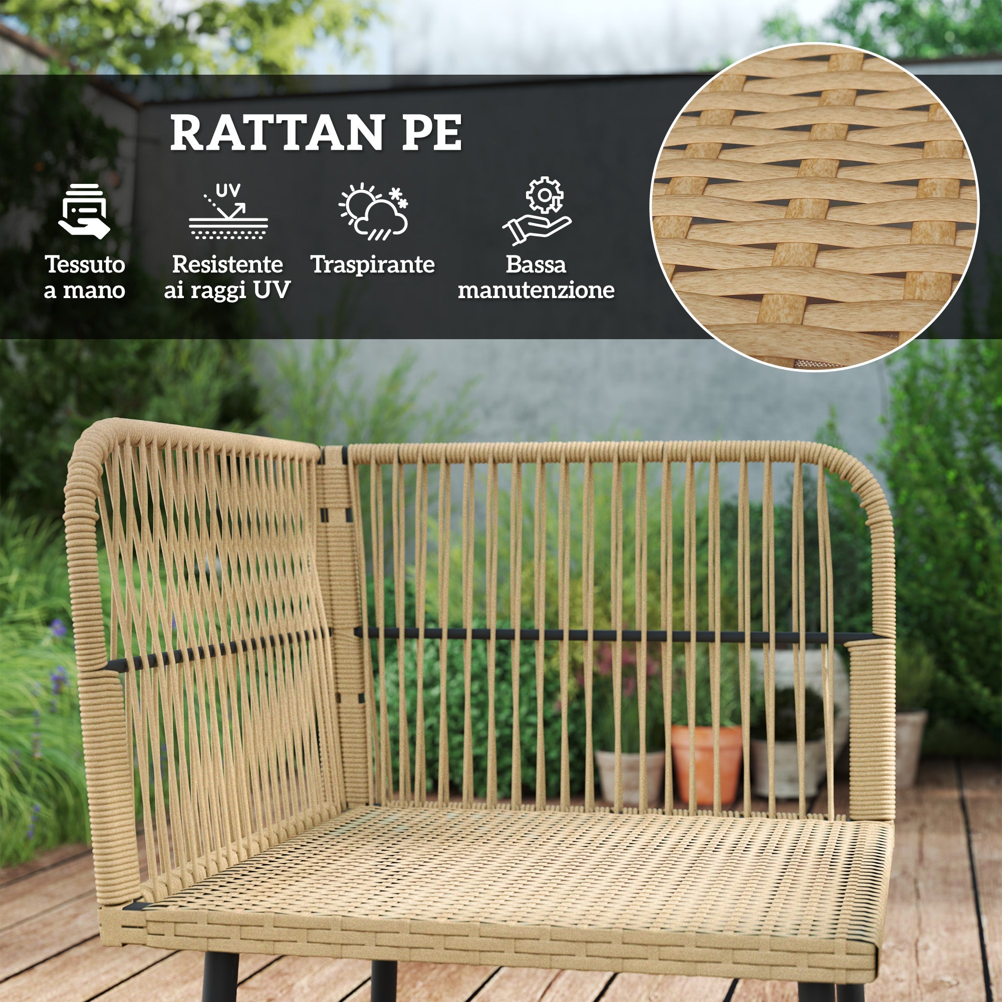 Rattan Garden Lounge Set 2 Sofas and Corner Chair with Cushions, Glass Coffee Table, Wood Color
