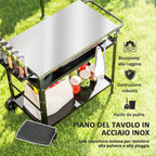 Barbecue Cart with Steel Top and Adjustable Shelf, Wheels and Hooks, 100x52x80 cm, Black