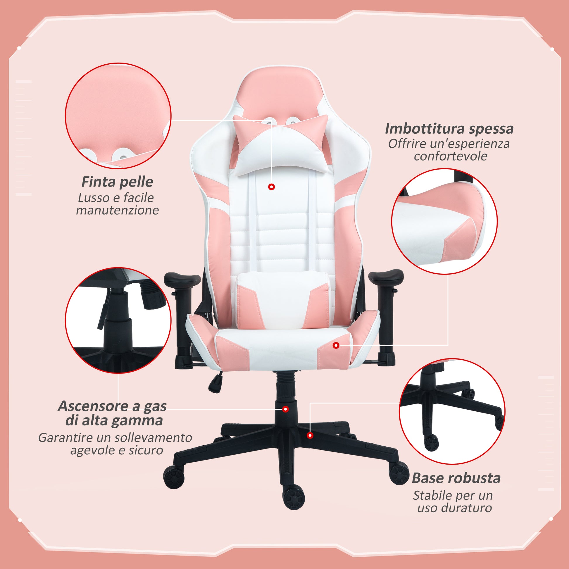 HOMCOM Gaming Chair in Faux Leather Reclining Up to 155° with Headrest and Lumbar Support, Pink - Borgè