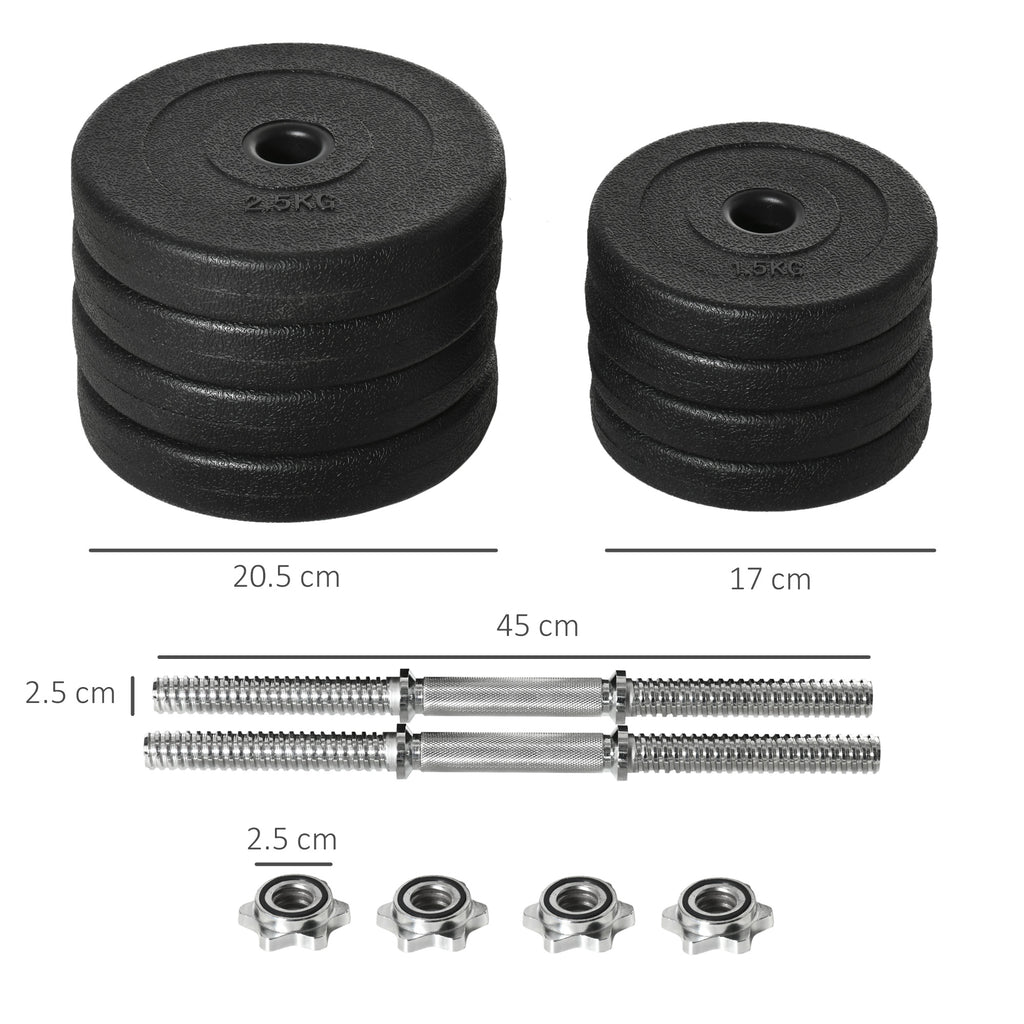 20 kg Dumbbell Set (4 x 2.5 kg, 4 x 1.5 kg) with 8 Discs and 2 x 2 kg Dumbbells, 43 x 18 x 7.5 cm, Black