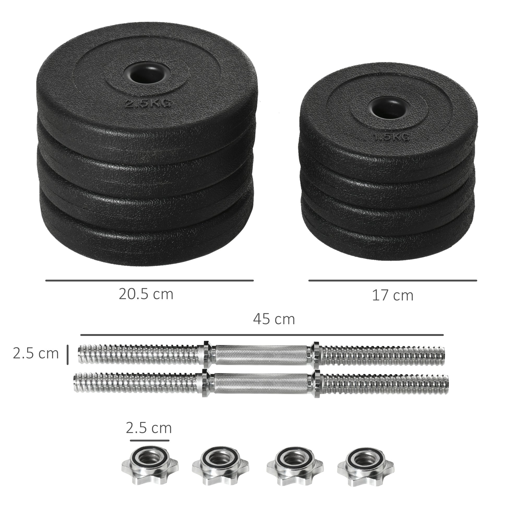 20 kg Dumbbell Set (4 x 2.5 kg, 4 x 1.5 kg) with 8 Discs and 2 x 2 kg Dumbbells, 43 x 18 x 7.5 cm, Black