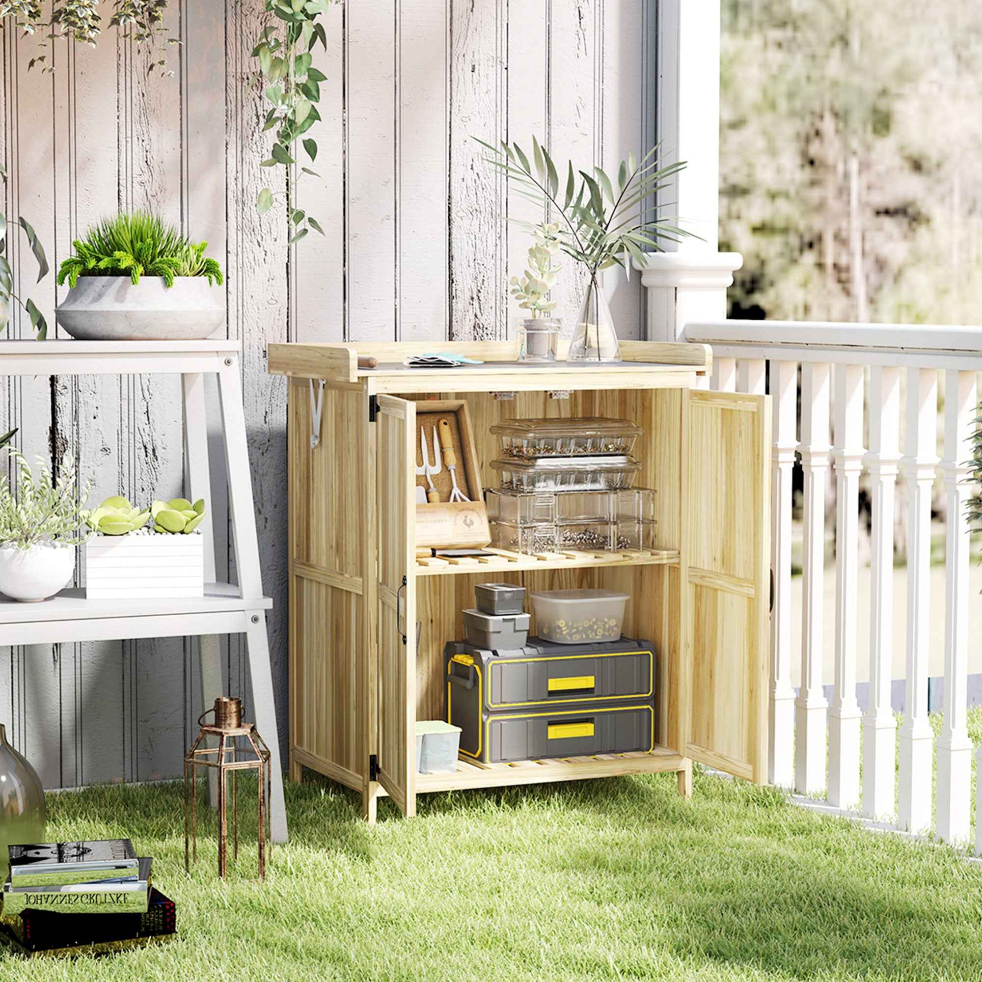 Outsunny Outdoor Storage Cabinet, Wooden Tool Shed with Shelf, with 2 Doors for Garden, Patio, Wood Color