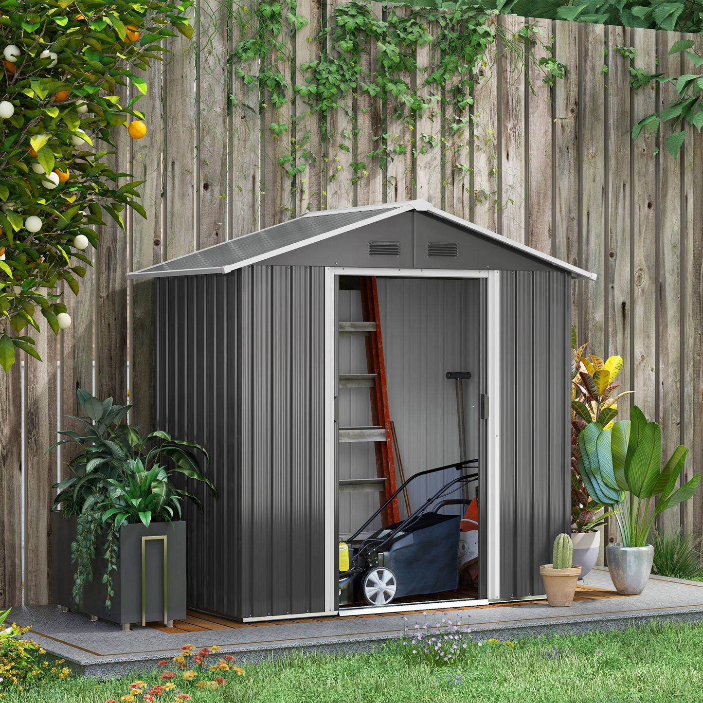 Garden Shed with Double Sliding Door, 4 Air Vents and Locking System, Grey