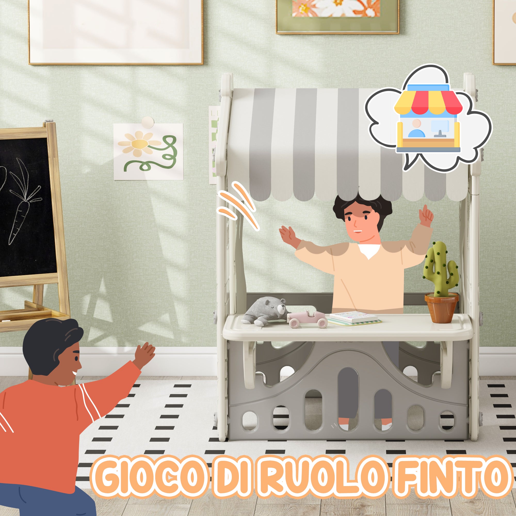 Indoor Playhouse for Children 1-6 Years with Doors, Windows and Shop Counter, Cream