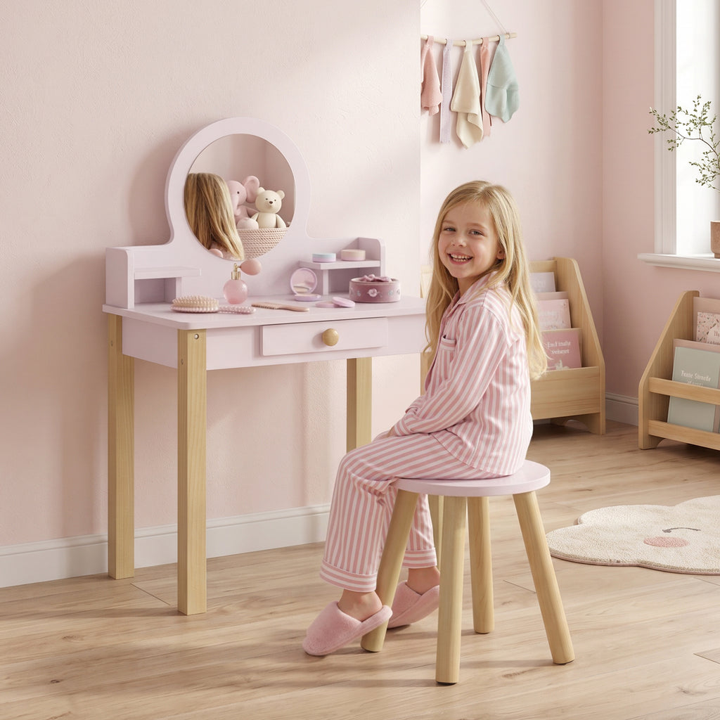 AIYAPLAY Girls' Dressing Table with Stool, Mirror, and Wooden Drawer, Ages 3-6, Pink