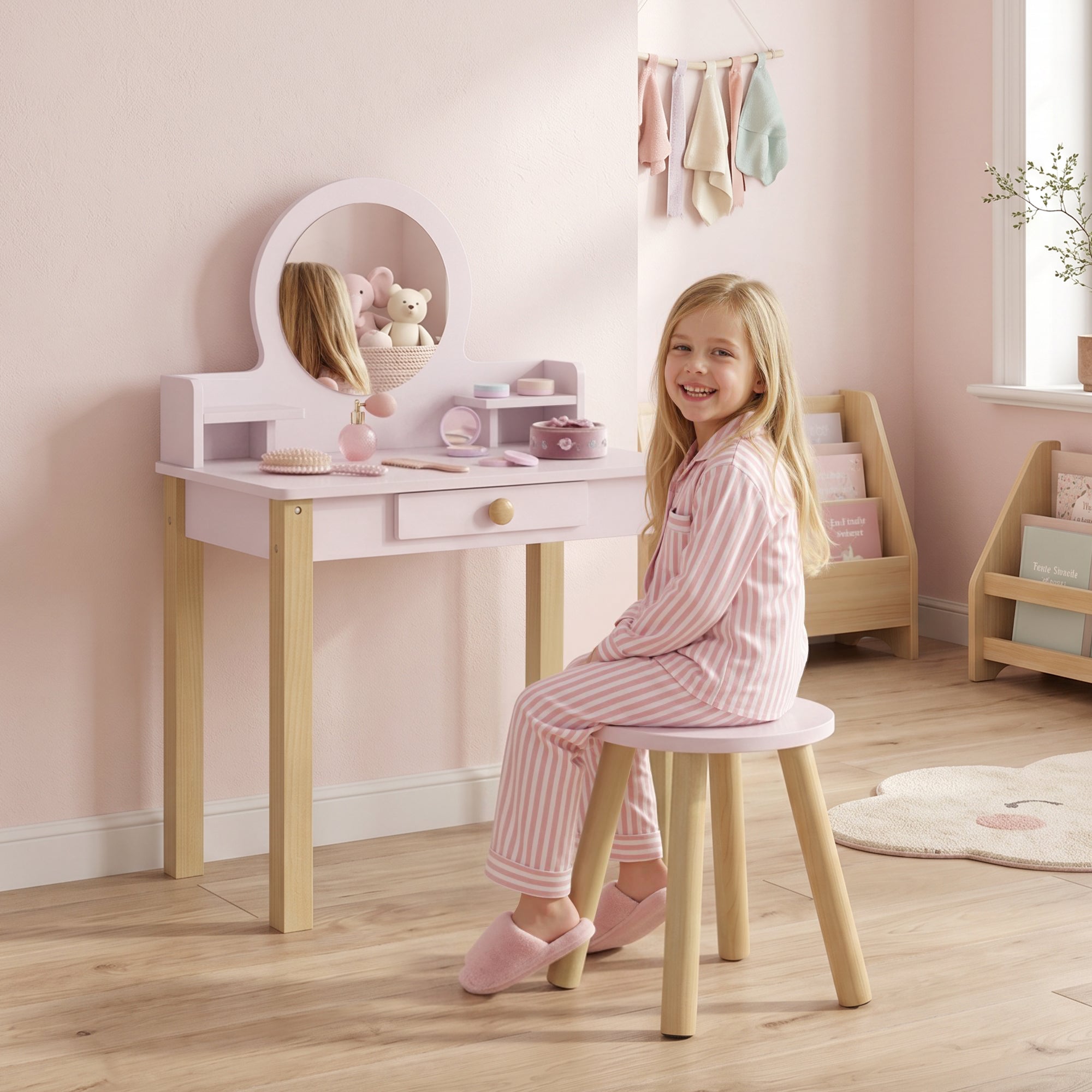 AIYAPLAY Girls' Dressing Table with Stool, Mirror, and Wooden Drawer, Ages 3-6, Pink