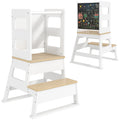 Montessori Tower for Children with Blackboard and Railing, Wooden, 55x52.5x87.5 cm, White and Wood color