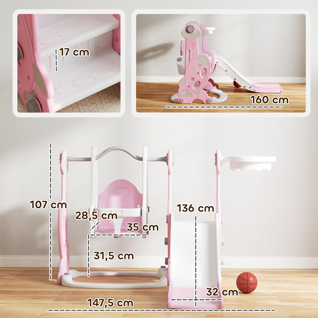 AIYAPLAY 4-in-1 Baby Slide with Swing, Climbing Ladder and Basketball Hoop, 18-48 Months, Pink
