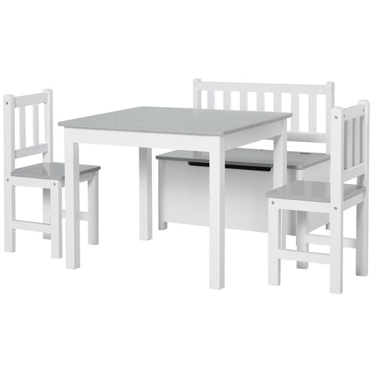 Children's Table Set with 2 Chairs and Wooden Chest for Kids' Bedroom, White and Grey