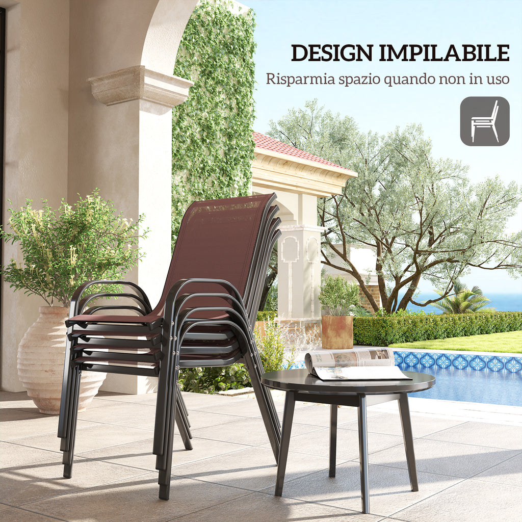 Outsunny Set of 4 Stackable Garden Chairs with Curved Armrests, Steel and Breathable Fabric, 54x71x93 cm, Brown