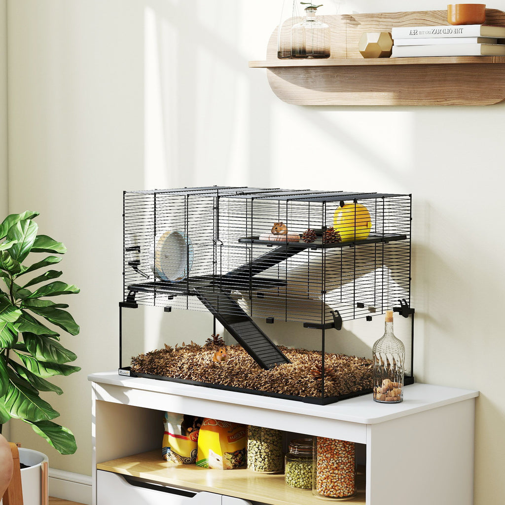 3-Tier Hamster Cage with Tempered Glass Base, Wheel and Accessories, 76.5 x 48.5 x 54.5 cm, Black