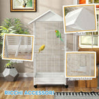PawHut Wheeled Bird Aviary with Removable Tray, Perches and Feeders, Steel, 79x65x155 cm, White