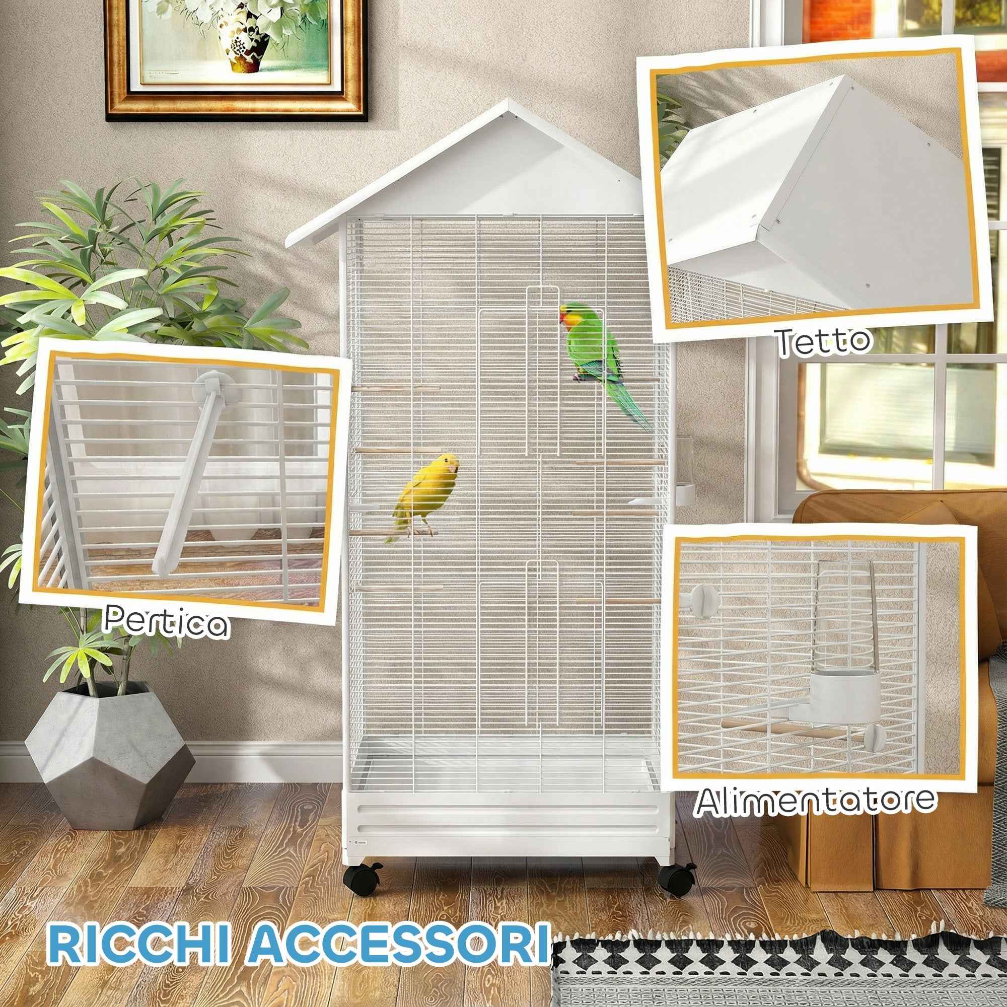 PawHut Wheeled Bird Aviary with Removable Tray, Perches and Feeders, Steel, 79x65x155 cm, White
