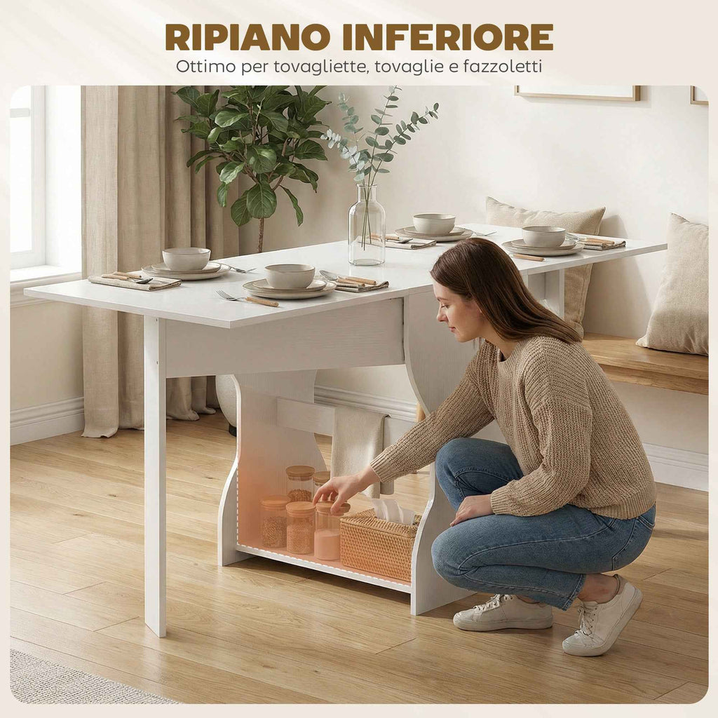 HOMCOM Folding Dining Table for 4 People with Shelf, Wooden, 160x60x75 cm, White