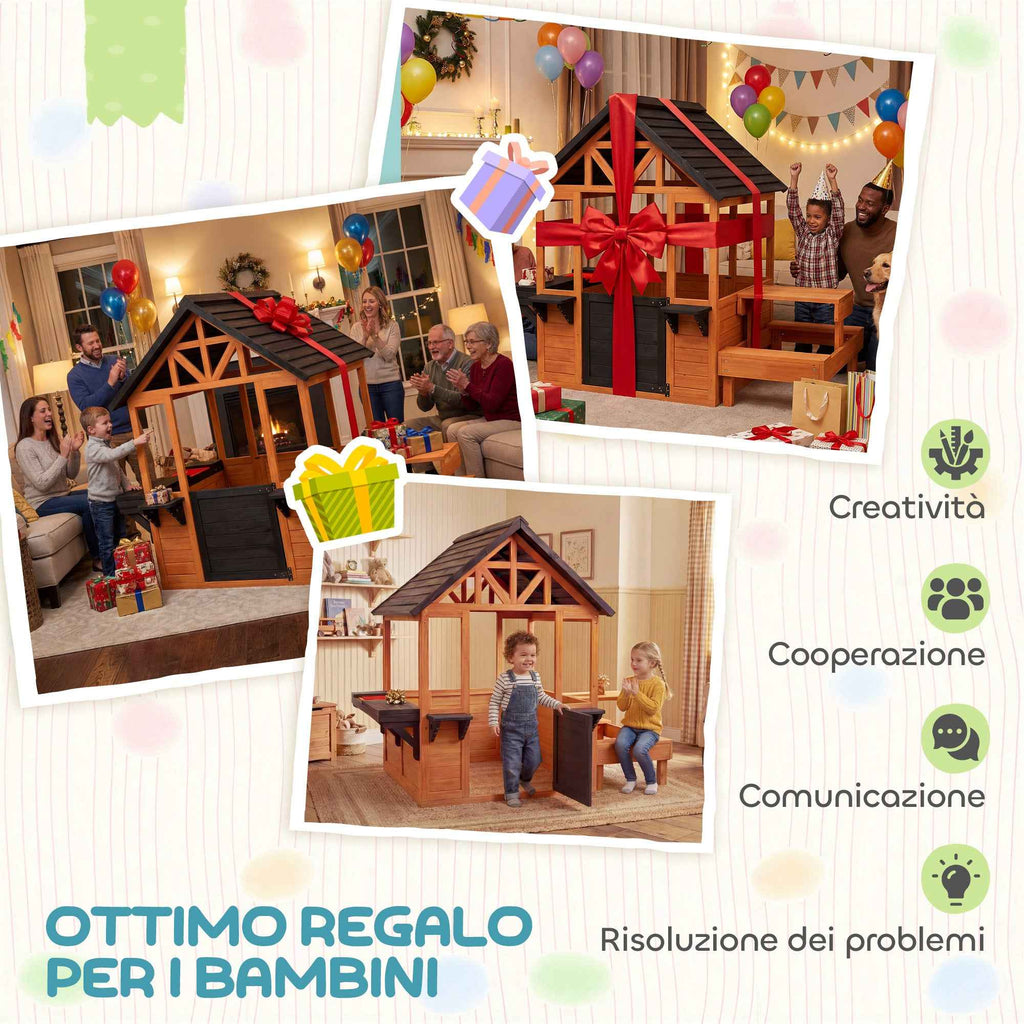 Wooden Playhouse, Indoor/Outdoor Playhouse for Children Ages 3-8 with Table and Benches, Brown