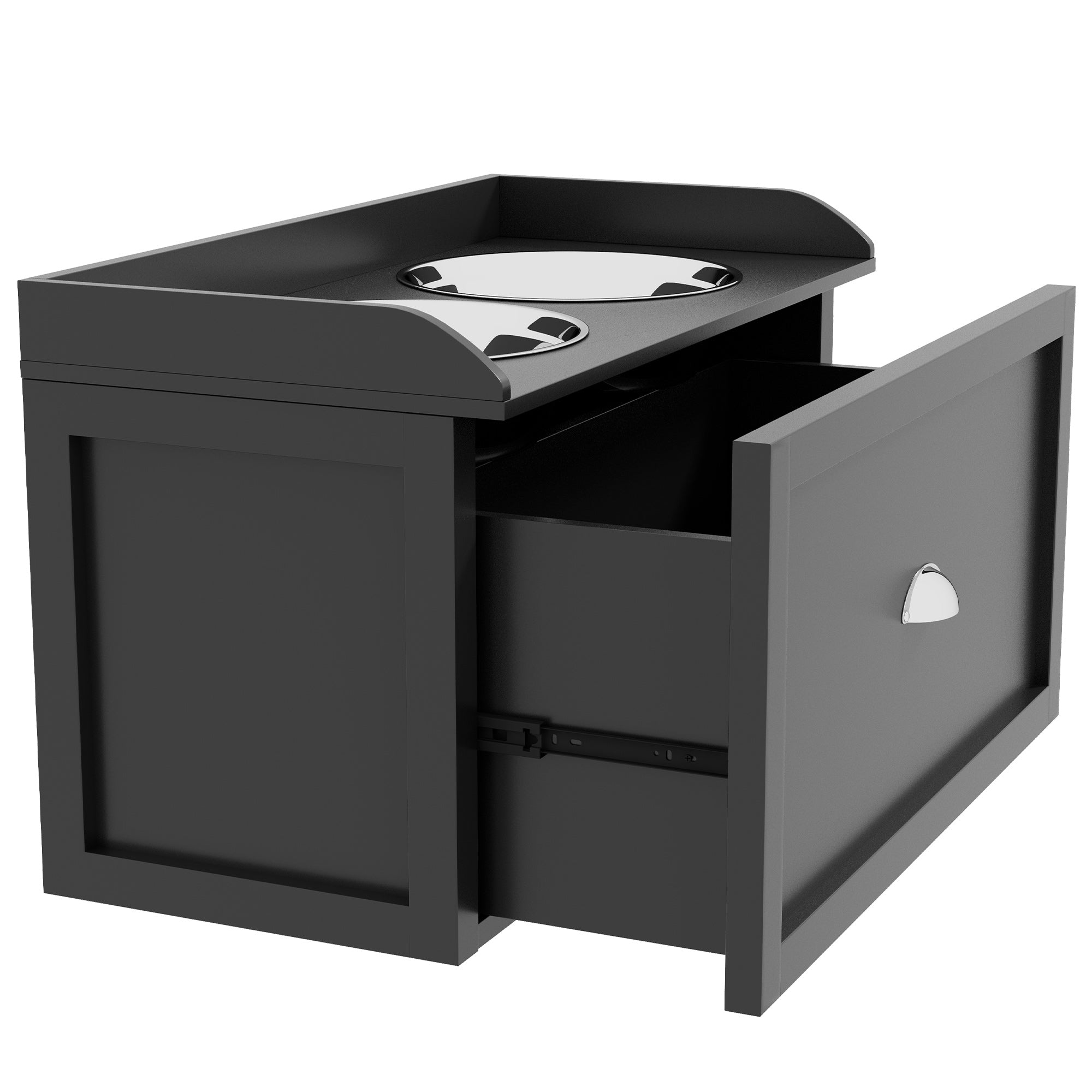 Stainless Steel and Wood Raised Dog Bowls with Drawer, 60x30x36cm, Black