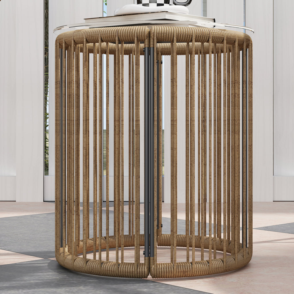 3 Piece Rattan and Steel Garden Set with 2 Chairs with Cushions and Cylinder Coffee Table, Multicolor