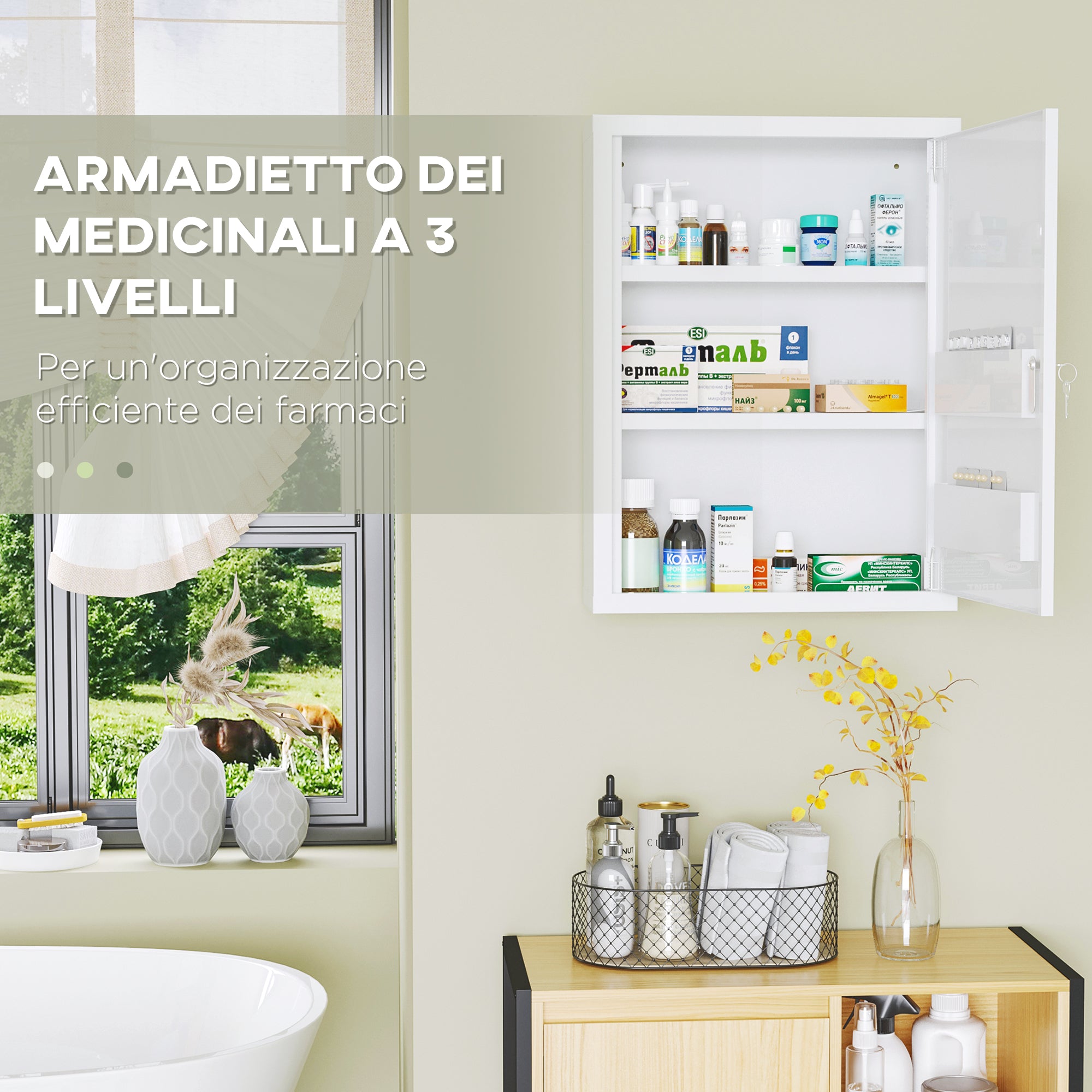 Wall Mounted Medicine Cabinet with 2 Shelves and 2 Keys, Steel, 40x15x53.5 cm, White